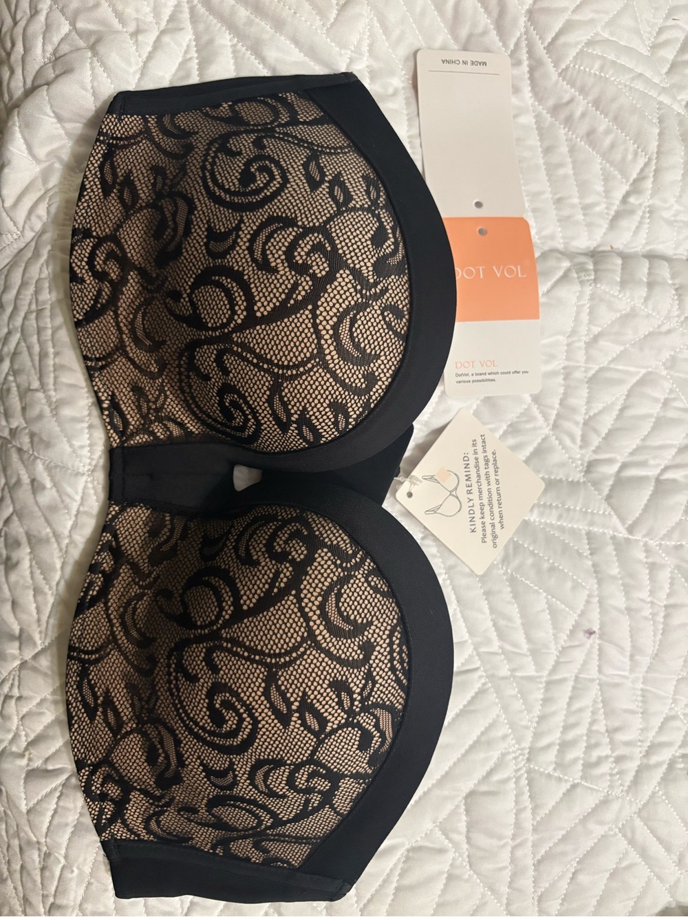 Lace-Overlay Black & Nude Strapless Bra
